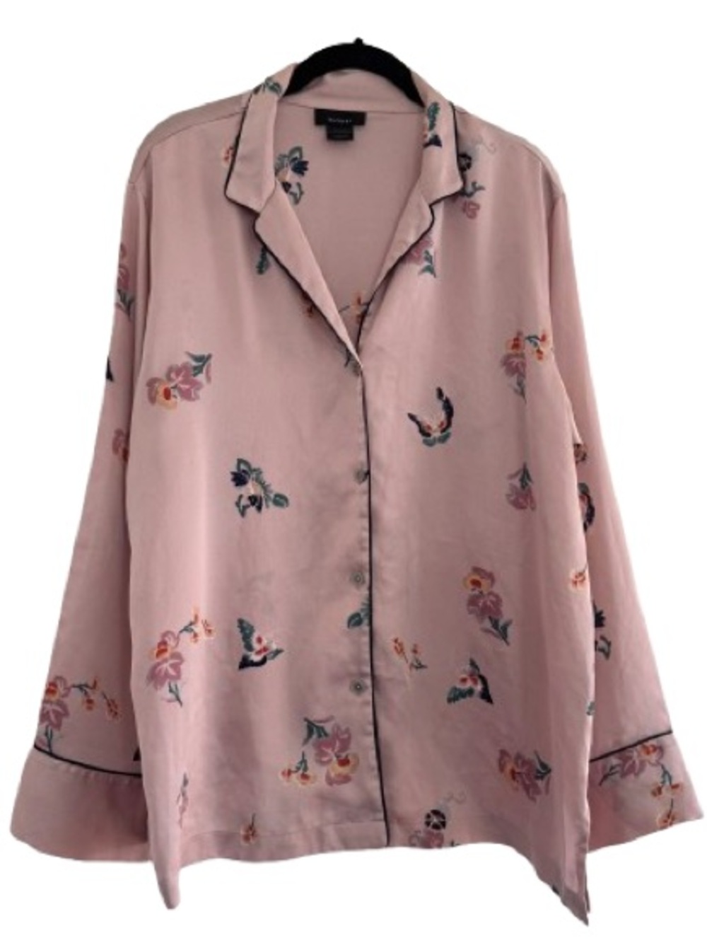 Natori Pink Pajama PJ Shirt Long Sleeve Pink Blue Floral Button Down